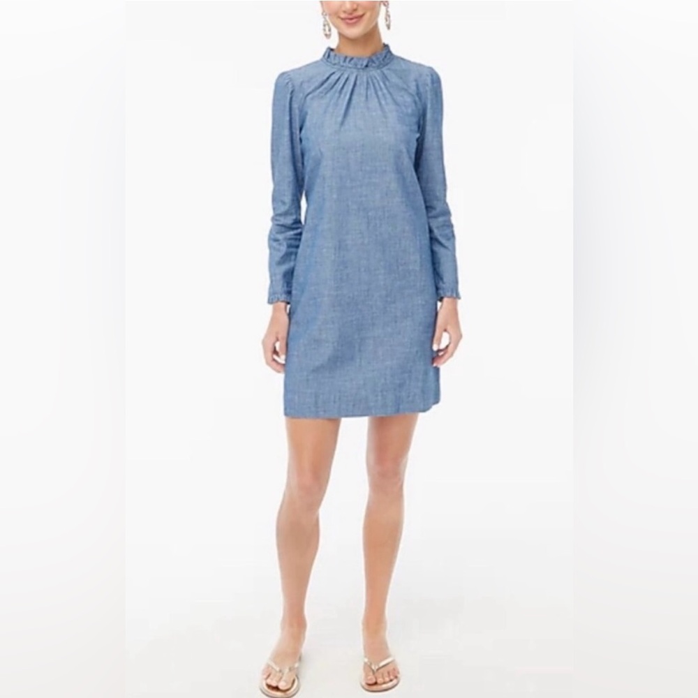 J Crew Chambray Ruffle Neck Long Sleeve Dress